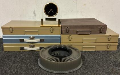 Kodak Carousel Slide Tray, Pacific Press Clock, & (6) Metal Storage Containers