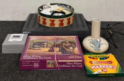 Echostar DV3 Satellite Reciever, Tin of Buttons & Sewing Supplies, 500pc Jigsaw Puzzle, & More