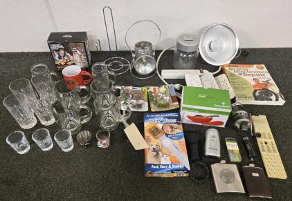 (15) Glass Cups, Pet Nail Trimmer, Antique Lamp, Heat Lamp, & More