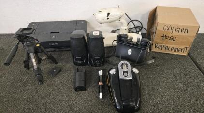 Canon Printer, Sony Speakers, Oxygen Hose Replacement, Vintage Binoculars, Antique Stand Mixer & Camera Tripod