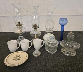 (3) Antique Oil Lamps, & More Glassware