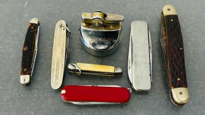 (6) Small Pocket Knives and (1) Vintage Lighter