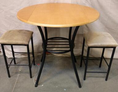 Counter-Height Pub Table and Chair Set With a Round Wooden Top and a Black Metal Base. 36"Tall 36"Wide Chairs 24"x15"x15"