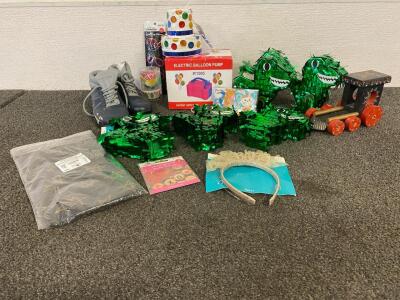 Electric Balloon Pump, (6) Dino Pi&ntilde;ata&rsquo;s, Birthdua Cake Pi&ntilde;ata, Glow Eye Glasses, Vintage Skan Ski Boots, And More