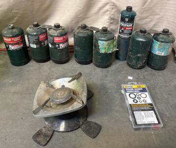 Portable Buddy Mr Heater, (8) Propane Cans, Sealing Washer Assortment, And Single Burner Propane Camp Stove
