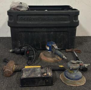 Rubbermaid ActionPacker Tote & Large Assortment of Power Tools & Hand Tools