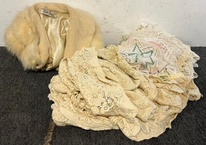 Vintage Cream Colored Fur Lined Coat (No Sizing) & Crocheted & Lace Doilies