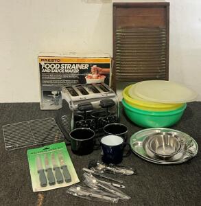 Dishes & Kitchenware Including Tupperware Wonderlier Bowls, Toaster, Food Strainer & Sauce Maker, Camp Dishes & More