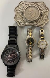 Jewelry Including Belt Buckle W/ Kennedy Half Dollar Coin, Attitude Professional Digital Chronometer Watch & (2) Two-Toned Watches