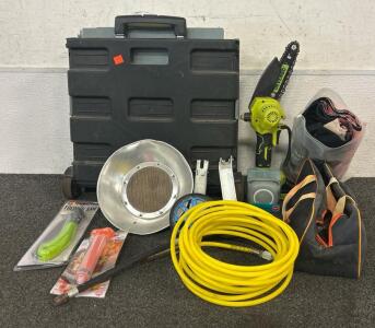 (1) Cordless Mini Chainsaw, (1) Fillable Bath Brush, And More
