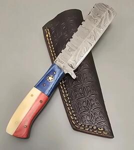Damascus Steel "Bull Cutter" Style Custom Knife W/ Leather Sheath