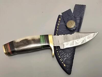 Damascus Steel Skinning Knife W/ Leather Sheath- New