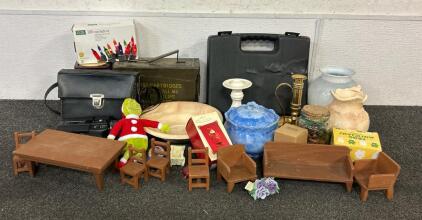 (1) Vintage Keystone Power Zoom Electric Eye Movie Camera, (2) Candle Stick Holders, (1) Wooden Barbie Kitchen Table Set, And More