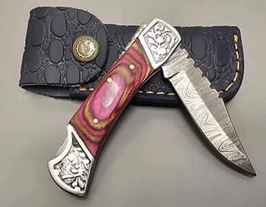 Damascus Steel Folding And Locking Pocket Knife W/ Leather Case