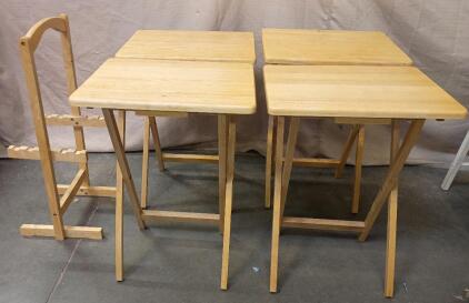 Set of [4] Wooden Folding TV Tray Tables With a Storage Stand.