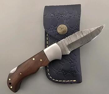 Damascus Steel Pocket Knife W/ Leather Case