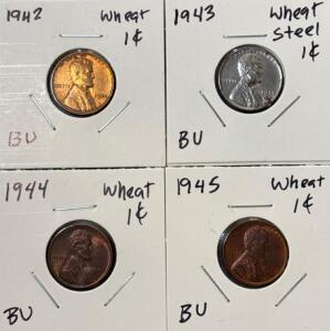 (4) 1942-1945 BU Wheat Cent Pennies (1) Steel Penny