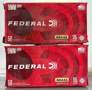 (2) Federal Champion 9mm Luger 115-Grain FMJ Handgun Brass Ammunition - 50 Rounds