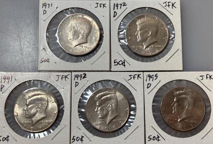 (5) 1971-1995 John F. Kennedy 50 Cent Coins