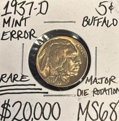 1937-D MS68 RARE MINT ERROR GEM BUFFALO NICKEL
