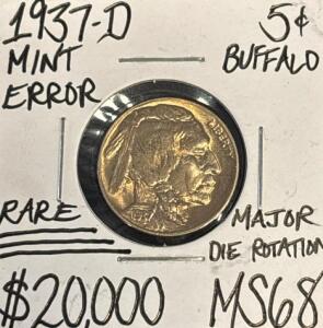 1937-D MS68 RARE MINT ERROR GEM BUFFALO NICKEL