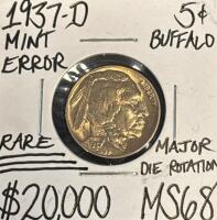 1937-D MS68 RARE MINT ERROR GEM BUFFALO NICKEL