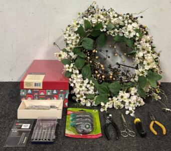 Decorative Artificial Flower Wreath, Assorted Precision Screwdriver Set, Correction Tape Set, Black & Decker 3/32&rdquo; Drill Bit, & More