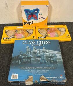 (2) Pop! 3D Wood Paint Kits, (1) Pop! Needle Punch Pillow Kit, & Glass Chess/Checkers Set