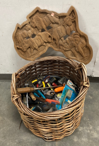 Basket with Assorted Tools & Africa Wall Art