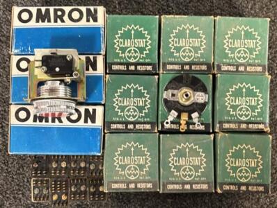 (16) Various Allied Control & Sigma Relays, (18) Clarostat Potentiometers, & (6) Omron Pushbutton Switches