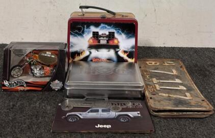 Back to the Future Lunchbox, Harley Owners Group Tin Welcome Kit, Jeep Multitool, & Vintage Hot Wheels Motorcycle, & More
