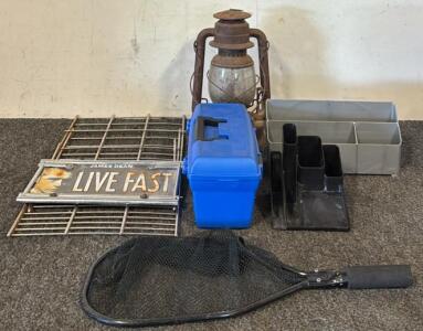 Vintage Kerosene Lantern, Fish Net, (2) Desk Organizers, Youth Tackle Box, James Dean License Plate, & BBQ Rack