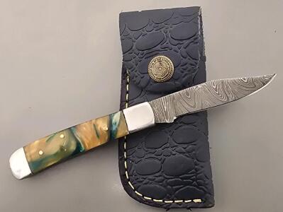 Damascus Steel Folding Pocket Knife W/ Leather Case