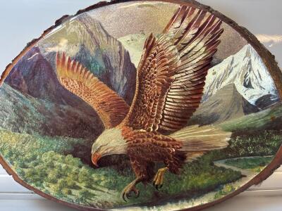 Vintage Patriotic And Western-Themed Bald Eagle Painting On A Edge Wood Slice "Drive-Thru Tree Souvenir"