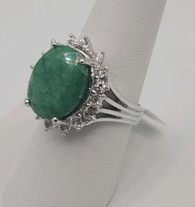 Sterling Silver Ring with 8.50ct Dyed Green Beryl Gemstone, 0.80ct Sapphire Accents