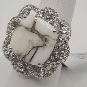 GGA Sterling Silver Ring, White Golden Quartz 8.93ctw, Sapphire Corundum 1.50ctw
