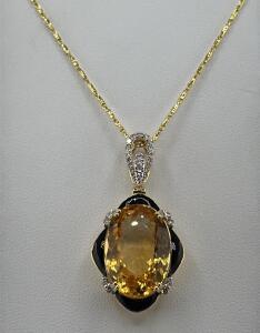 14K Gold Necklace with Citrine and Diamond Pendant, 18-Inch Chain