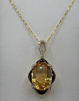 14K Gold Necklace with Citrine and Diamond Pendant, 18-Inch Chain