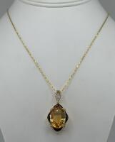14K Gold Necklace with Citrine and Diamond Pendant, 18-Inch Chain - 2