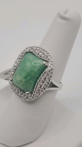 Sterling Silver Ring, Dyed Green Beryl (Emerald) 12.50ctw, Sapphire Corundum 1.00ctw
