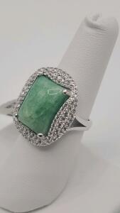 Sterling Silver Ring, Dyed Green Beryl (Emerald) 12.50ctw, Sapphire Corundum 1.00ctw