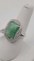 Sterling Silver Ring, Dyed Green Beryl (Emerald) 12.50ctw, Sapphire Corundum 1.00ctw
