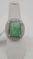 Sterling Silver Ring, Dyed Green Beryl (Emerald) 12.50ctw, Sapphire Corundum 1.00ctw - 2