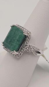 GGA Sterling Silver Ring, Emerald Cabochon 7.00ct, Sapphire Setting 0.70ct