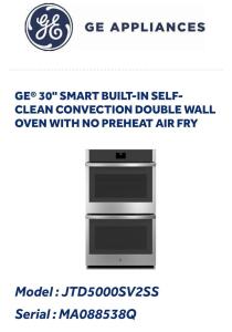 New General Electric 30" Smart Built Self-Clean Convection Double Wall Oven With No Preheat Air Fry Model: JTD5000SV2ss