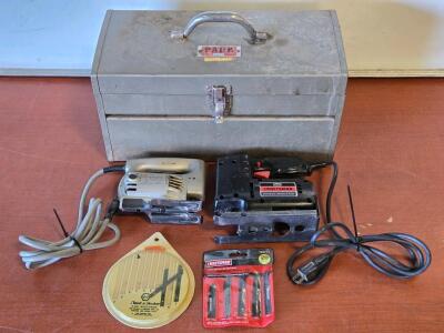 Vintage Black & Decker & Sears Craftsman Jig Saws w/ Extra Blades & Vintage Metal Toolbox