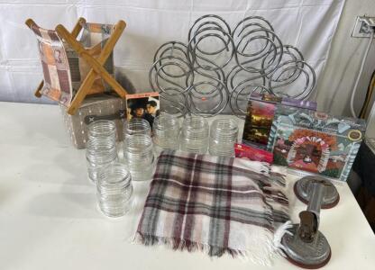 Assorted Items - (8) Clear Ribbed Glass Replacement Shade, Also Known As A "Jelly Jar" Style Light Cover, Puzzles, Wine Bottle Rack , Glass Suction Cups & More