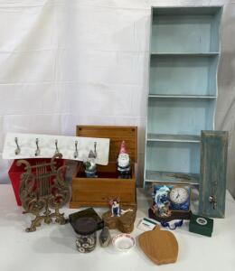 Assorted Items - Jewelry Box&rsquo;s , Blue Shelf , Garment Wall Hooks , Gnomes & More
