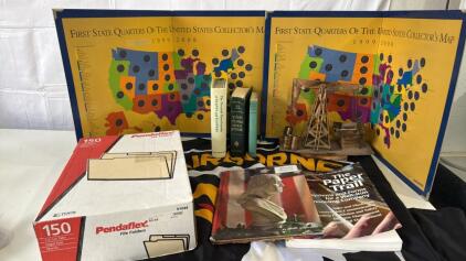 Assortment Of Items - (2) 99-08 U.S. Quarters Map , Hand Made Copper Oil Rig Music Box , AirBorn Rangers Flag & More