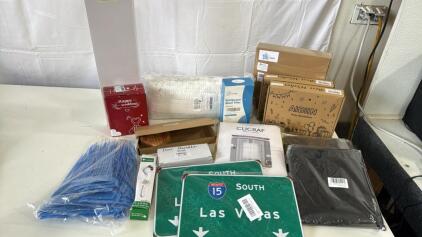 Assortment Of New Items In Original Packaging- Las Vegas Hwy Signs , Security Tags , Aibiin New Years Decorations, Star Stuffy , Curtains & More